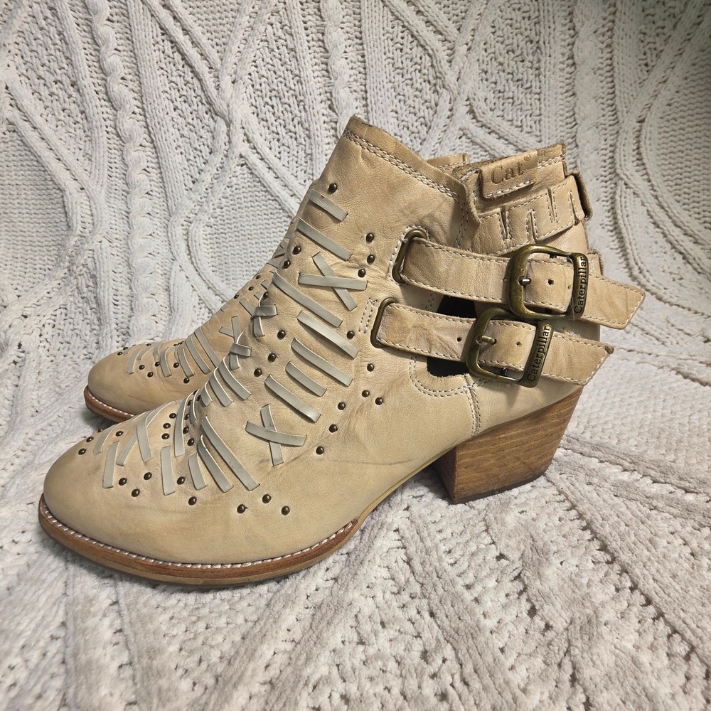 VTG Caterpillar Studded Leather Ankle Boots Multi Buckle Rustic Tan Womens 9 W